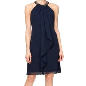 NWT SLNY Navy Sequin Flowy slevless Dress size 6.